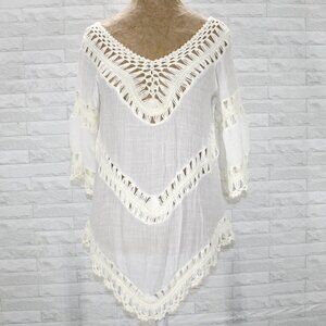 VIVID IMPORTERS Swimsuit Coverup Boho Gauze Crochet Lace Beach Top White Medium
